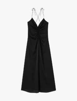 Sandro Praline Ruched Woven Slip Midi Dress