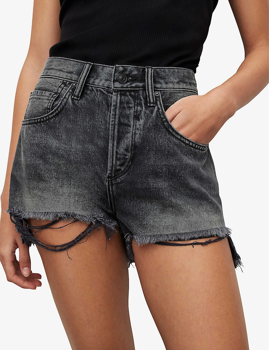 AllSaints Heidi High-rise Distressed-hem Denim Shorts - Image 5