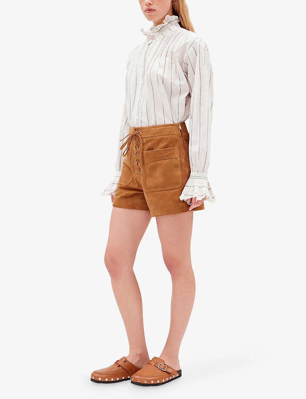 CLAUDIE PIERLOT Chris Lace-fastening Patch-pocket Suede Shorts - Image 3