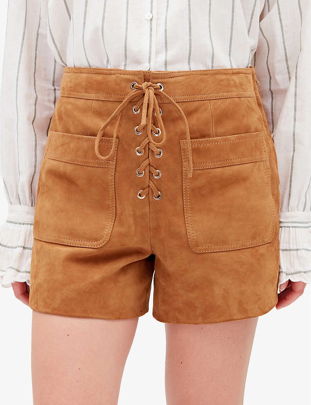 CLAUDIE PIERLOT Chris Lace-fastening Patch-pocket Suede Shorts - Image 5