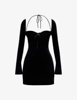 Babydoll Halter-neck Stretch-velvet Mini Dress