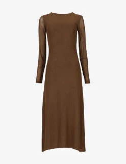 Mesh-sleeve Stretch-woven Midi Dress