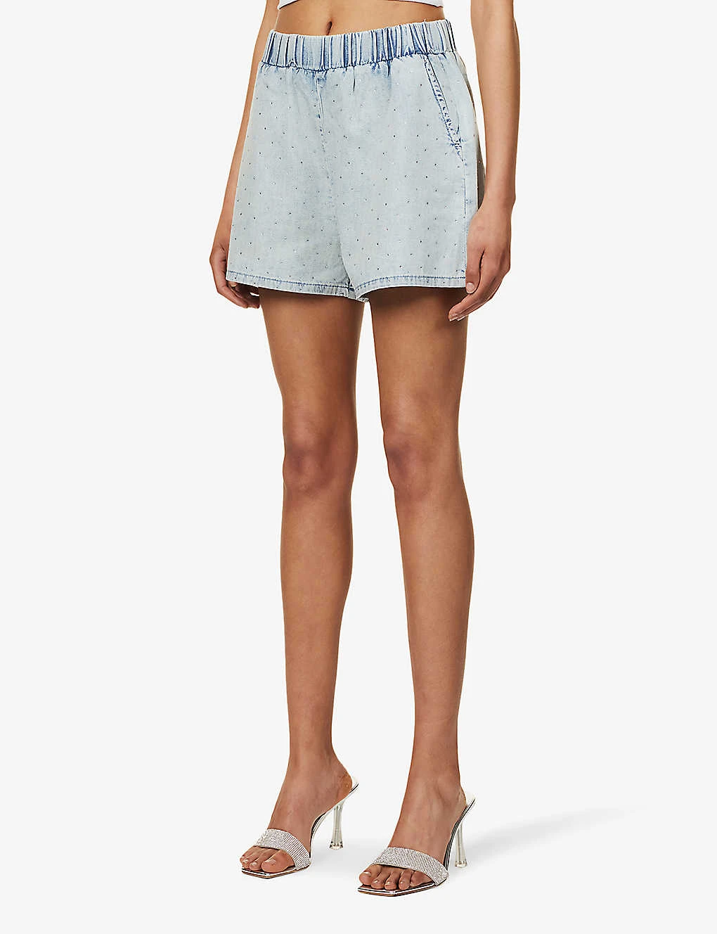 GOOD AMERICAN The Weekender Rhinestone-embellished Faded-wash Mid-rise Denim Shorts - Image 3