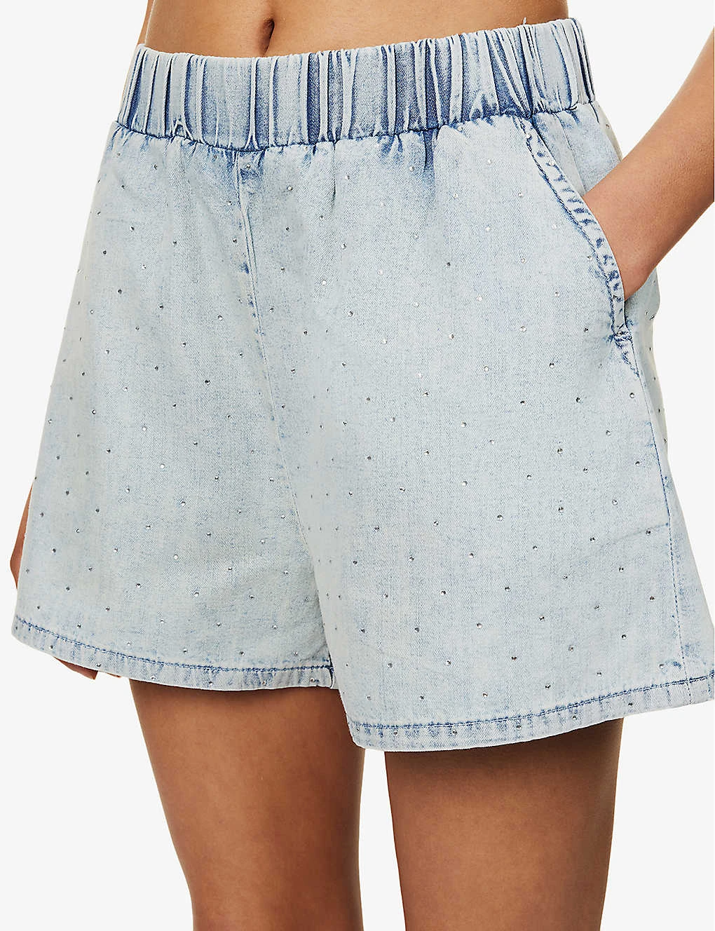 GOOD AMERICAN The Weekender Rhinestone-embellished Faded-wash Mid-rise Denim Shorts - Image 5