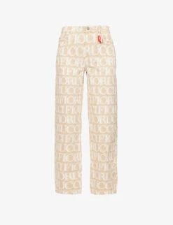 FIORUCCI Monogram-pattern Brand-patch Wide-leg Mid-rise Organic-denim Jeans