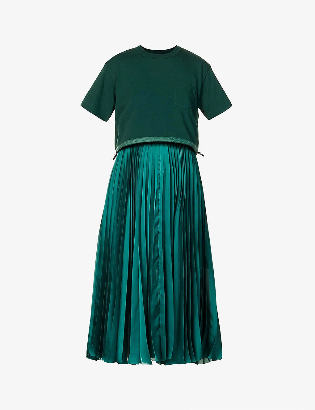 Sacai Pleated Contrast-panel Cotton Midi Dress