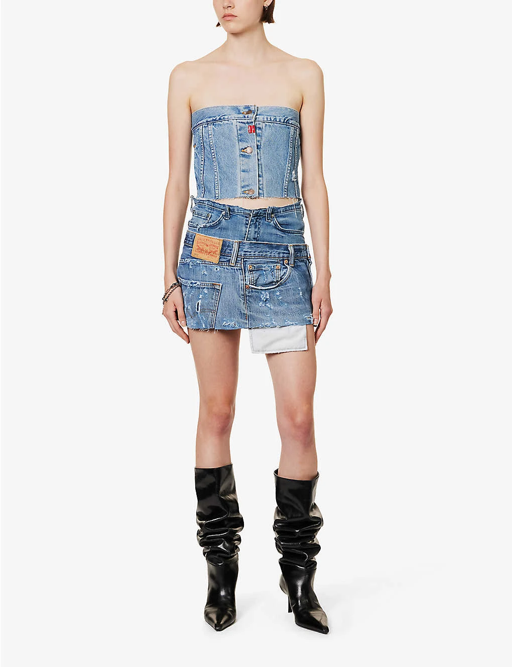 Distressed Logo-patch Upcycled Denim Mini Skirt - Image 2