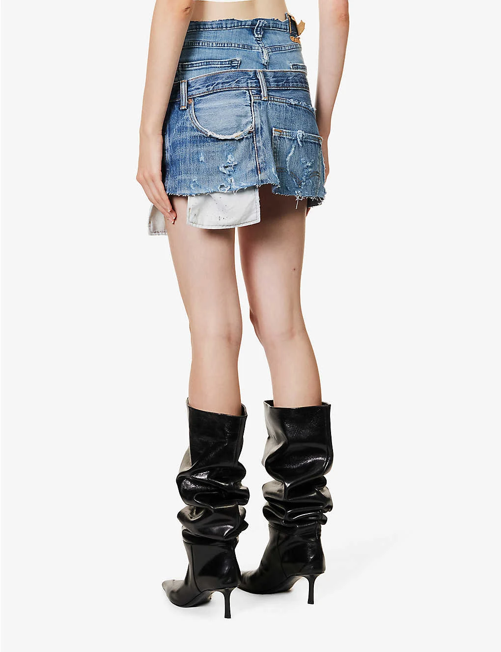 Distressed Logo-patch Upcycled Denim Mini Skirt - Image 4