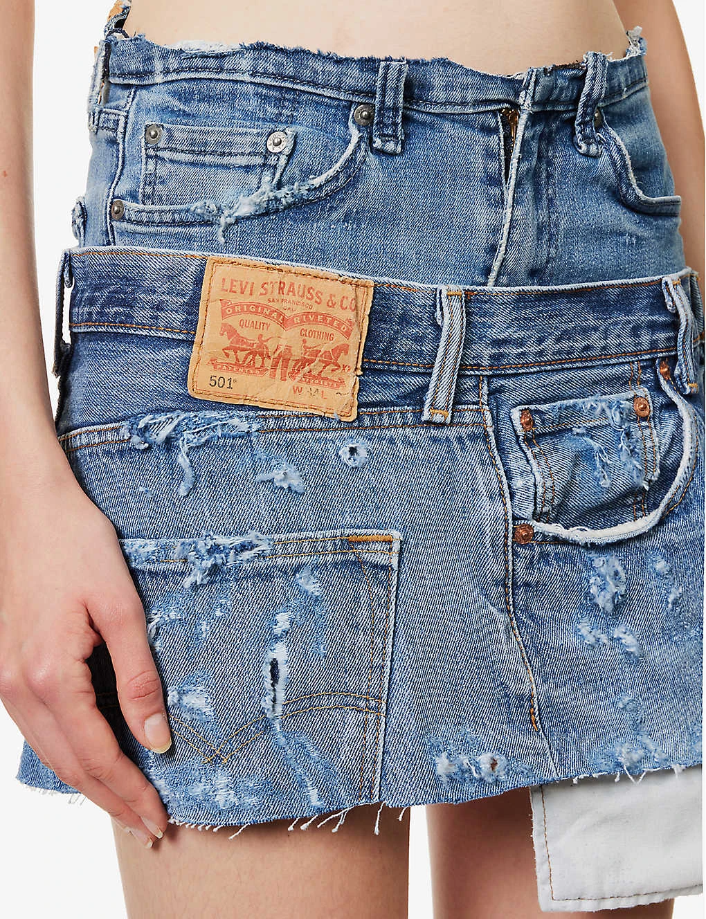 Distressed Logo-patch Upcycled Denim Mini Skirt - Image 5