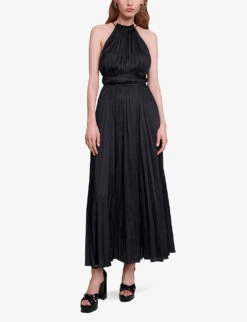 Maje Villy Halter-neck Pleated Satin Maxi Dress