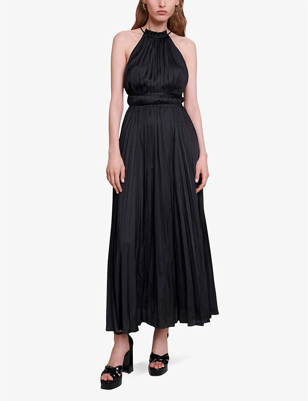 Maje Villy Halter-neck Pleated Satin Maxi Dress