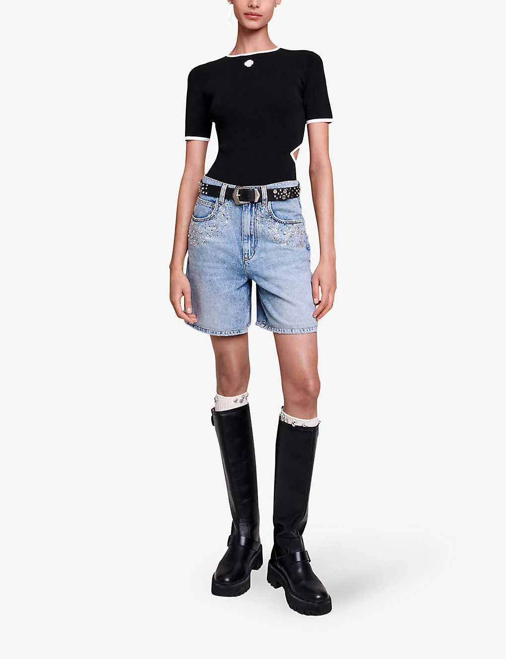 Maje Ietoile Rhinestone-embellished Flared Denim Shorts - Image 2