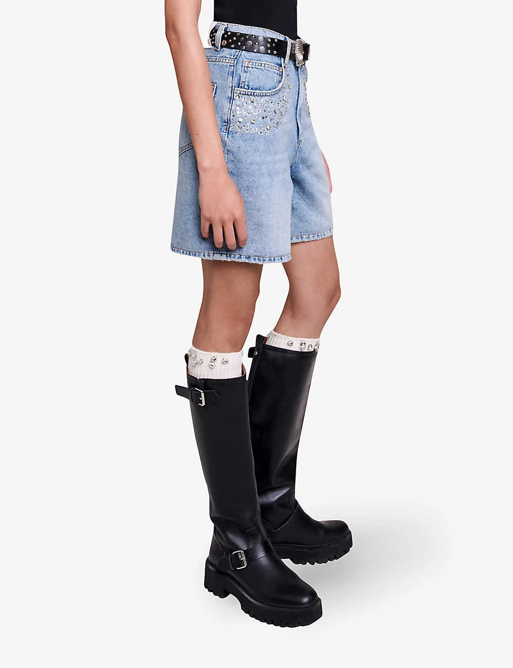 Maje Ietoile Rhinestone-embellished Flared Denim Shorts - Image 3