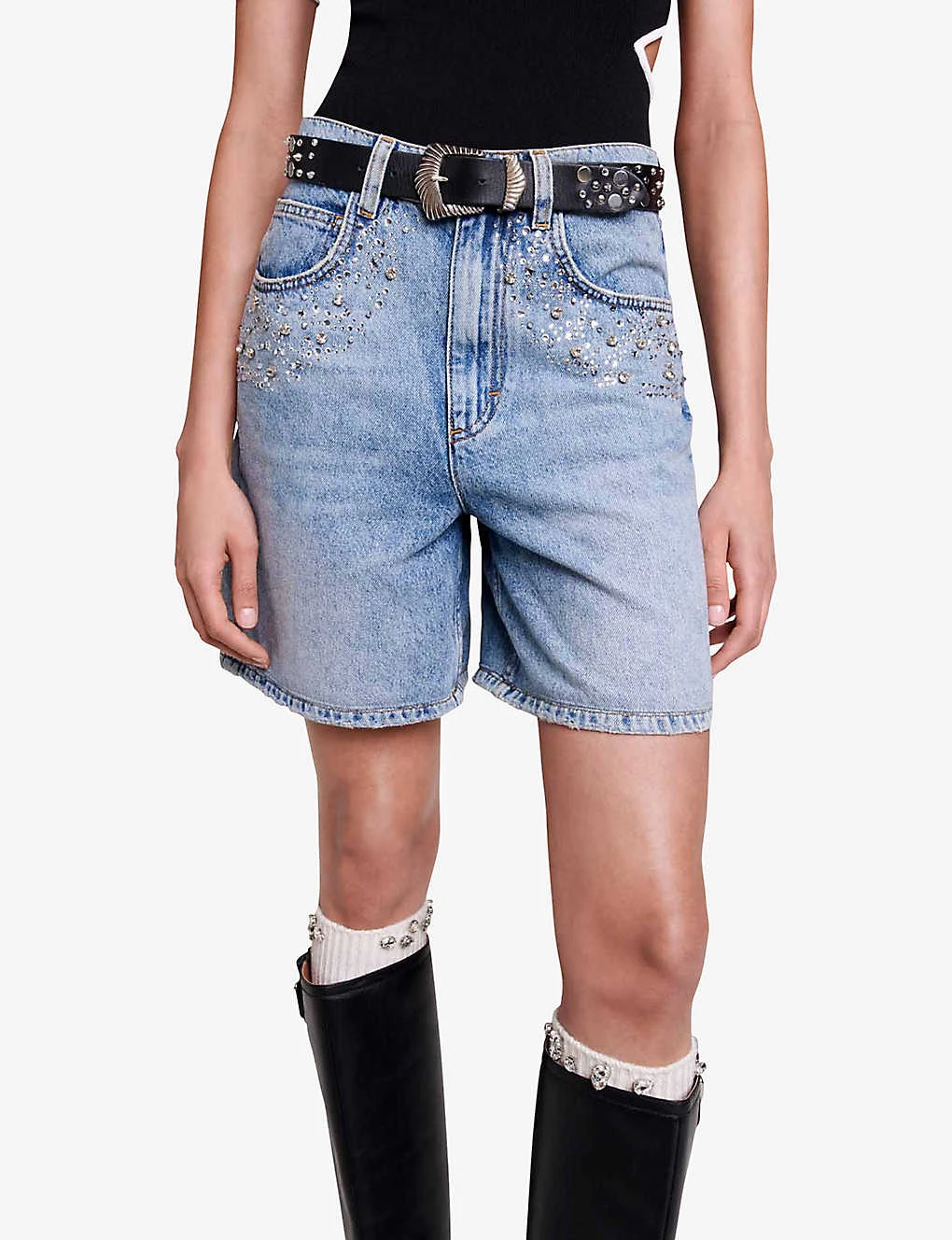 Maje Ietoile Rhinestone-embellished Flared Denim Shorts - Image 5