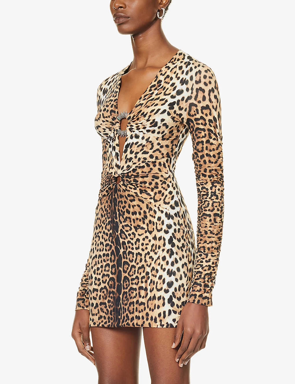 Roberto Cavalli Plunge-neck Leopard-print Woven Mini Dress - Image 3