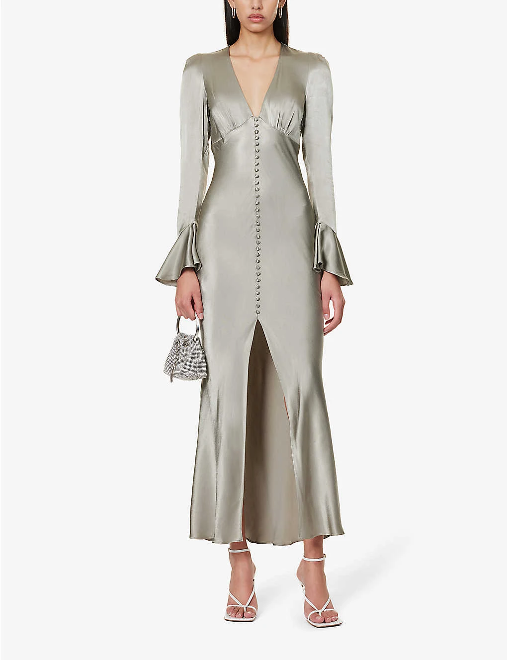 Shona Joy Fluted-sleeve Rouleaux-button Satin Maxi Dress - Image 2