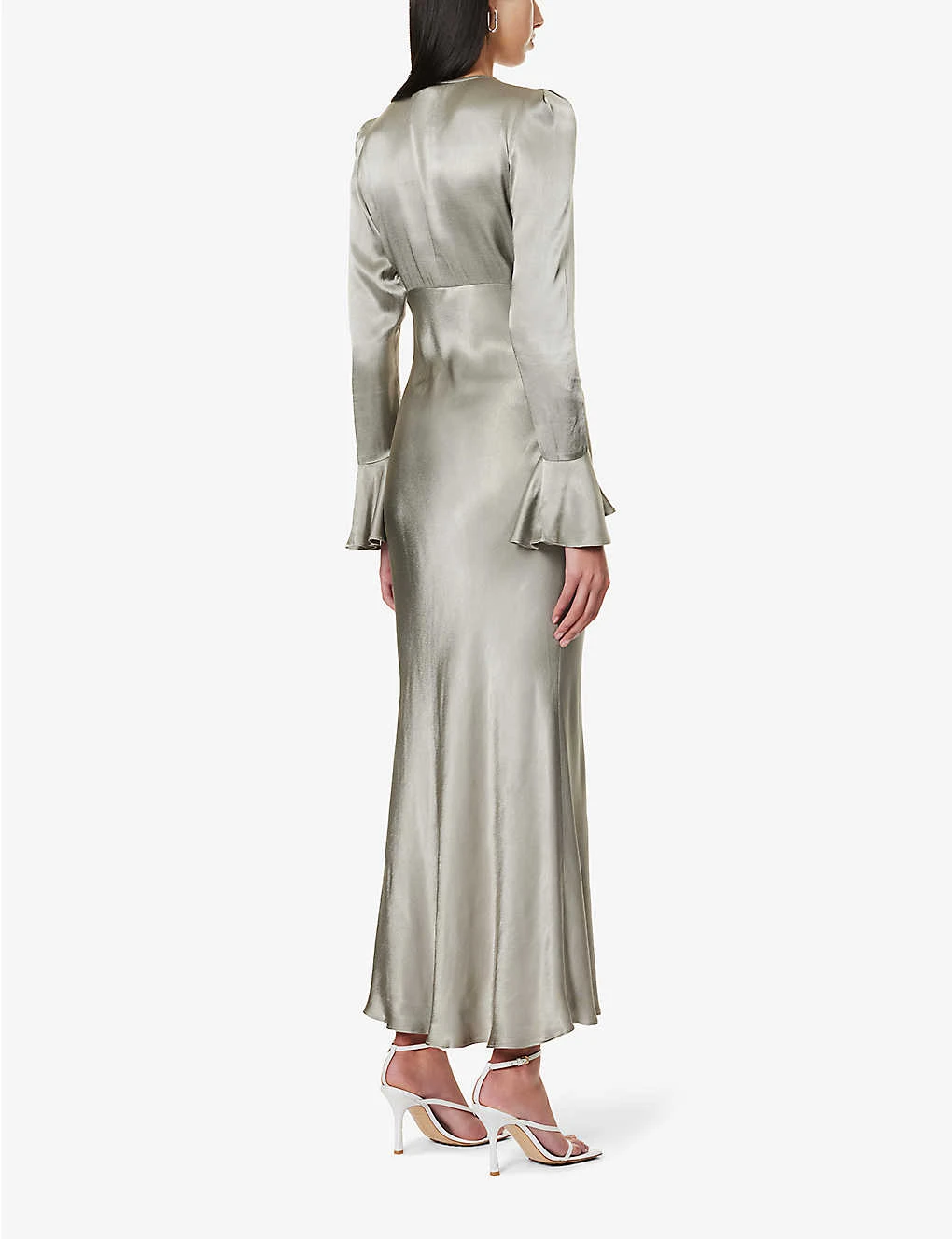 Shona Joy Fluted-sleeve Rouleaux-button Satin Maxi Dress - Image 4