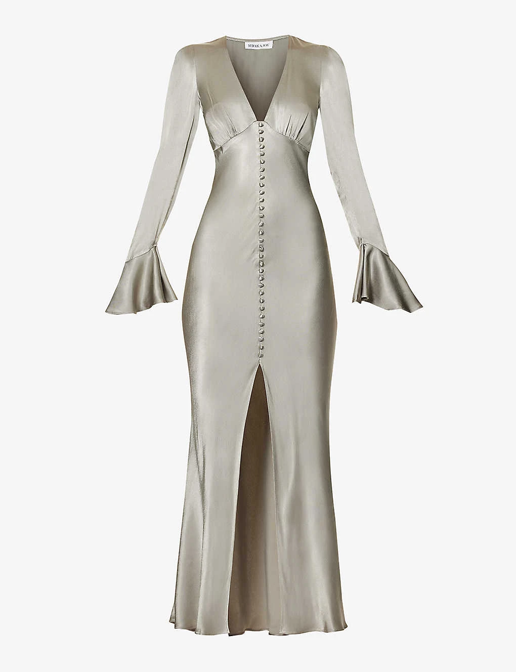 Shona Joy Fluted-sleeve Rouleaux-button Satin Maxi Dress