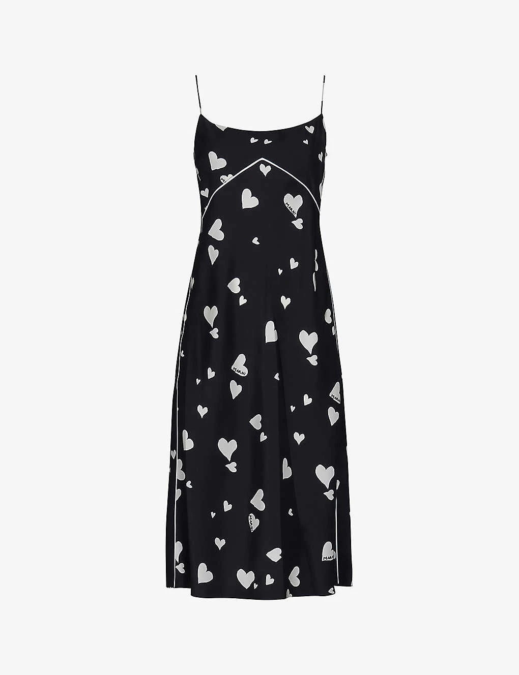 Marni Heart-print Flared-hem Silk Midi Dress